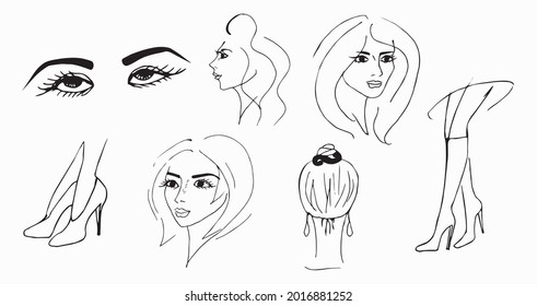 Set of hand-drawn female image design elements. Vector illustration of black lines on a white background.