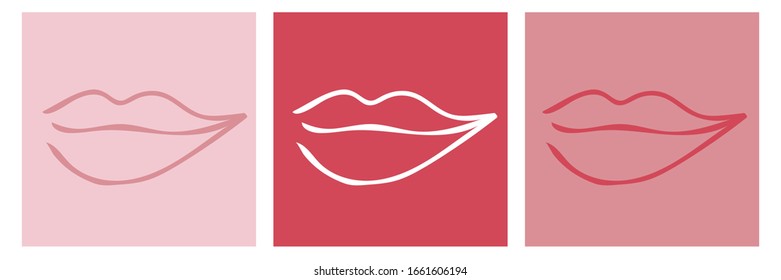 Set of hand-drawn female lips. Concept for beauty industry. Minimalist woman lips contour art. Logo element, label, print for clothes and other, element for design. Good for make-up cosmetic related