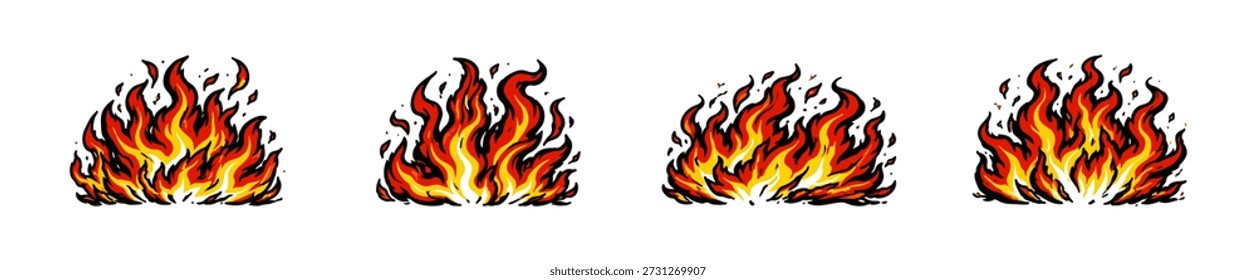Set of hand-drawn fire and flame illustrations in a vibrant comic style, isolated on a white background.