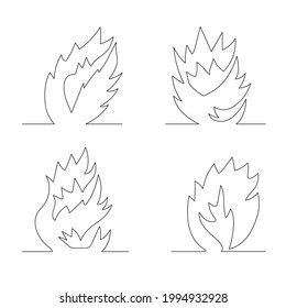 Set of hand-drawn fire one line. Simple sketch collection of the outline of burning balefire. Glowing bonfires. Minimalistic art drawing. Isolated. Vector
