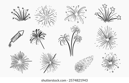 Set of hand-drawn firework illustrations showcasing various celebratory explosion designs.