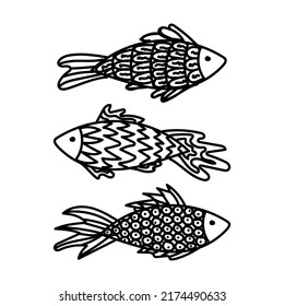 A set of hand-drawn fish in doodle style. Sea creatures. Organisms of the oceans. Fish with different patterns of scales and fins. Simple vector illustration isolated on white background.