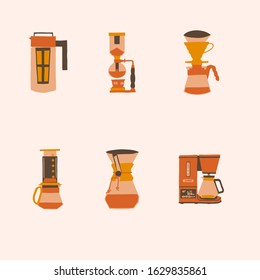 Set of hand-drawn flat color icons of coffee makers. Alternative coffee brewing methods illustration. Simple design element for branding, website, app.