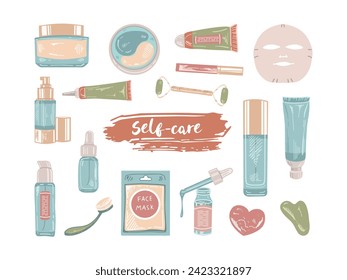 Un conjunto de dibujos a mano de color plano de cosméticos, belleza, elementos de autocuidado.  Ilustración para salón de belleza, tienda de cosméticos, diseño de maquillaje. 