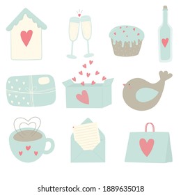 A set of hand-drawn flat vector icons. Valentine's Day concept isolated on white background