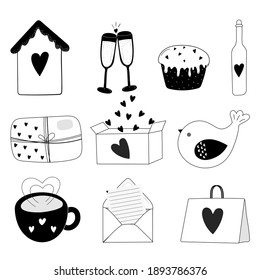 A set of hand-drawn flat vector icons in black and white. Valentine's Day concept isolated on white background