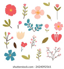 Conjunto de flora dibujada a mano. Flores, hojas, brotes, estambres. Ilustraciones vectoriales