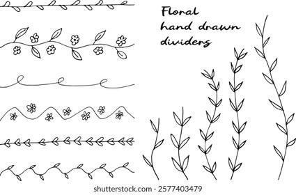 Set hand-drawn floral branches in black ink ready for creative projects Natural elegant elements Set hand drawn dividing Silhouette brush strokes isolated on white background Leaves flowers dividers