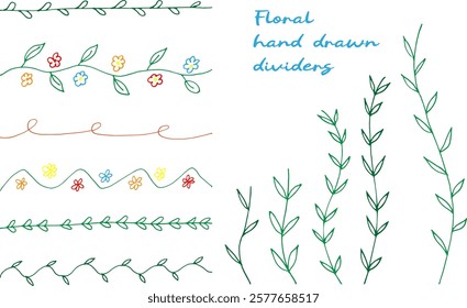 Set hand-drawn floral branches colorful ink ready for creative projects Natural elegant elements Set hand drawn dividing Silhouette brush strokes isolated on white background Leaves flowers dividers