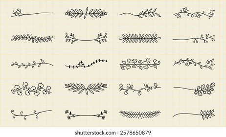 Set of hand-drawn floral dividers. Floral designs with leaves and branches. Decorative floral elements for borders and dividers. Elegant floral illustrations. Hand drawn ornament vector set.