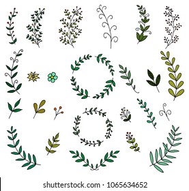 Set of hand-drawn floral elements, flowers and wreaths. Vector doodles.