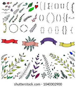 Set of hand-drawn floral elements, leaves and hearts. Vector doodles. Sketchy illustrations of ribbon banners and brackets.