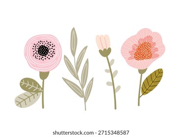 A set of hand-drawn floral elements in pastel pink tones. Vector illustration for design, flat style.
