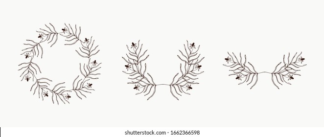 Set of hand-drawn floral frames, monograms and borders. Boho style design elements for wedding invitations, greeting cards, quotes, blogs, posters. Isolated vector illustration.