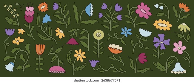 Set of hand-drawn floral line art. Cute colorful doodle flower and leaf elements. Perfect for patterns, stickers, and digital design.