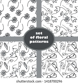 Set of hand-drawn floral seamless patterns. Vector black and white illustration