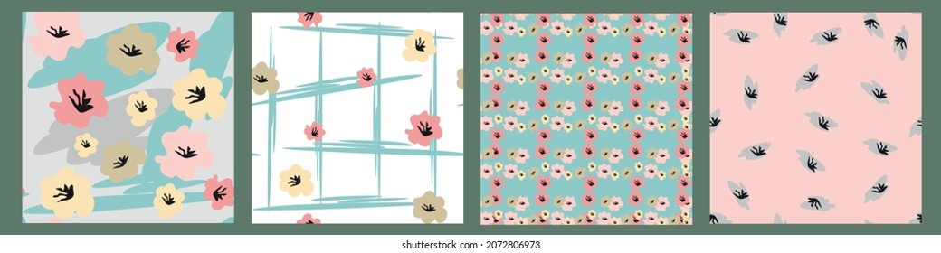A set of hand-drawn floral seamless patterns.Vector design for paper, cover, fabric, interior decor and other users