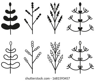 set of hand-drawn floral twigs. spring grassy doodle twigs on a white background.Botanical vector illustration. Graphic design elements .