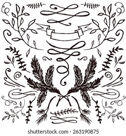 Set of hand-drawn florals and flourishes. Decorative elements for your design. Invitations, save the date, wedding cards.
