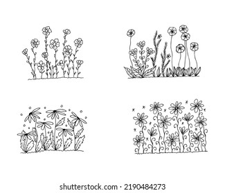 Blumenbeete mit Blumen im Doodle-Stil 