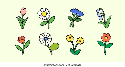 Un conjunto de flores dibujadas a mano en forma de garabato, aisladas en un fondo. Ilustración vectorial.