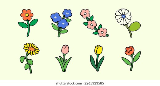 Un conjunto de flores dibujadas a mano en forma de garabato, aisladas en un fondo. Ilustración vectorial.