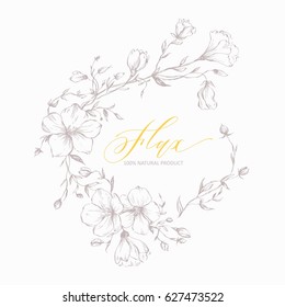 Set of hand-drawn flowers. Flax wreath for rustic wedding invitations, greeting cards, packages, T-shirts, labels and other.