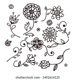 Set of hand-drawn flowers. Floral decor for covers, cards, stationery, invitations. Vector.