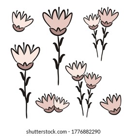 Set of hand-drawn flowers. Pink fantasy flowers isolated on white background. Vector illustration for cute floral design, design of books, albums, cards and posters.