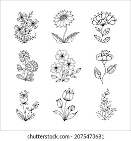 Conjunto de flores dibujadas a mano elementos de un único doodle para colorear, invitación, postal. Imagen vectorial en blanco y negro
