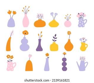 Set of Hand-drawn Flowers in Vases and Jugs Vector Illustrations