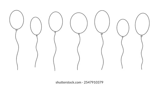 A set of hand-drawn flying black and white balloons, doodle, vector. A decorative element for a holiday, decorations, decorations. A contoured linear illustration of simple isolated icons.