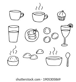 Set of hand-drawn food and drink icons, vector doodle illustration