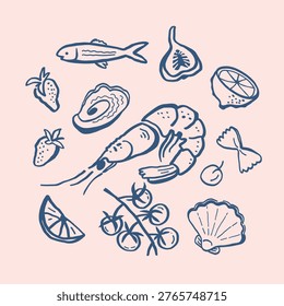 A set of hand-drawn food icons, including seafood, fruits, and vegetables. A collection of illustrations for restaurant menus, cafes, or culinary design.