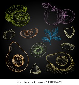 Set hand-drawn food ingredients on chalkboard. Hand drawn vector illustration. Set with elements: fruit, kiwi, avocado, apple, mint, slices,