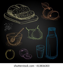 Set hand-drawn food ingredients on chalkboard. Hand drawn vector illustration. Set with elements: fruit, bread, milk, honey, funny bee, honey spoon, peach, apricot, pear, bottle, glass