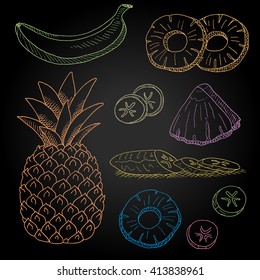 Set hand-drawn food ingredients on chalkboard. Hand drawn vector illustration. Set with elements: fruit, pineapple, banana, peeled banana slices, pineapple slices.