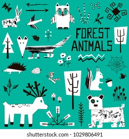 Set of hand-drawn forest elements in flat style. Vector illustration with animals, birds, plants. Can be used for design card, poster, banner, flyer, web