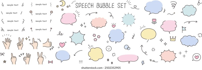 A set of hand-drawn frame illustrations. Speech bubbles, speech balloon, decorative icons, handwritten, frames, hands, hand signs