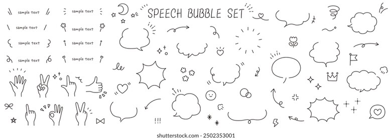 A set of hand-drawn frame illustrations. Speech bubbles, speech balloon, decorative icons, handwritten, frames, hands, hand signs