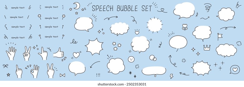 A set of hand-drawn frame illustrations. Speech bubbles, speech balloon, decorative icons, handwritten, frames, hands, hand signs