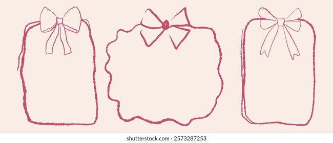 Set of handdrawn frames with decorative bows and hearts, perfect for invitations, greeting cards, or scrapbook design. Vector illustration