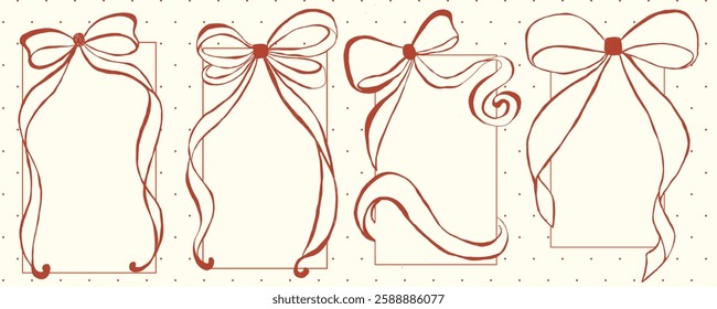 Set of handdrawn frames with decorative bows and hearts, perfect for invitations, greeting cards, or scrapbook design. Vector illustration