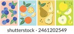 Set of hand-drawn fruit illustrations: blueberries, oranges, pears and apples.