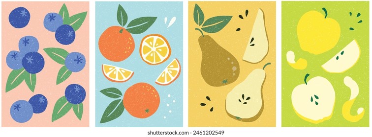 Set of hand-drawn fruit illustrations: blueberries, oranges, pears and apples.