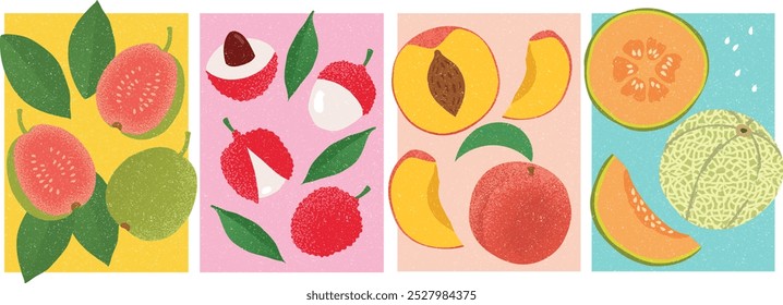 Conjunto de ilustrações de frutas desenhadas à mão: goiaba, lichia, pêssego e cantaloupe