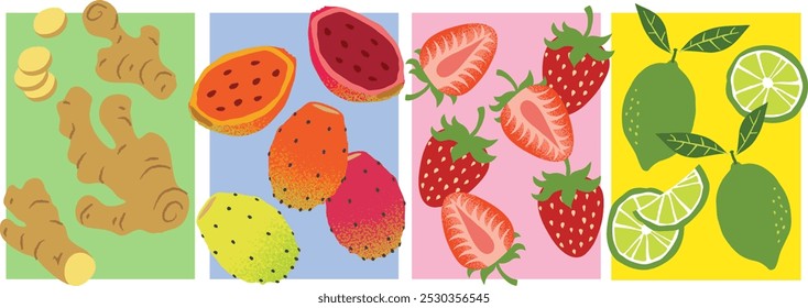 Conjunto de ilustrações de ingredientes de smoothie de frutas desenhadas à mão: gengibre, peras espinhosas, morangos e limão.