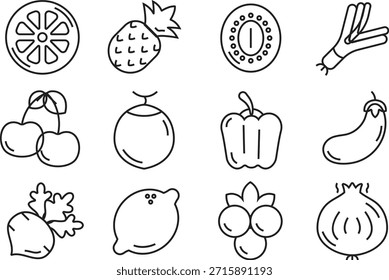 Conjunto de iconos de frutas y verduras dibujados a mano aislados sobre fondo transparente