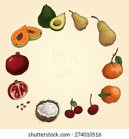 Set of hand-drawn fruits, berries and nuts: papaye, avokado, pomegranate, coconut, cherry, mandarin and pear.