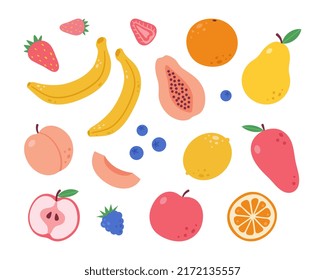 A Set With Hand-drawn Fruits. A Flat Tropical Set Of Banana, Apple, Pear, Peach, Strawberry, Lemon, Papaya, Peach, Mango And Some Berries. Vector Illustration.